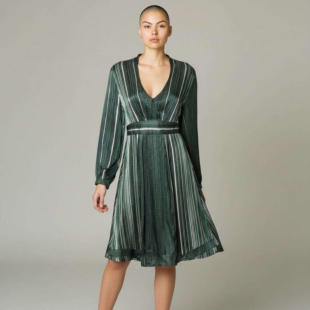Tahari Women's Green Silk V-Neck Empire Waist Tie Back Striped Dress Size 10